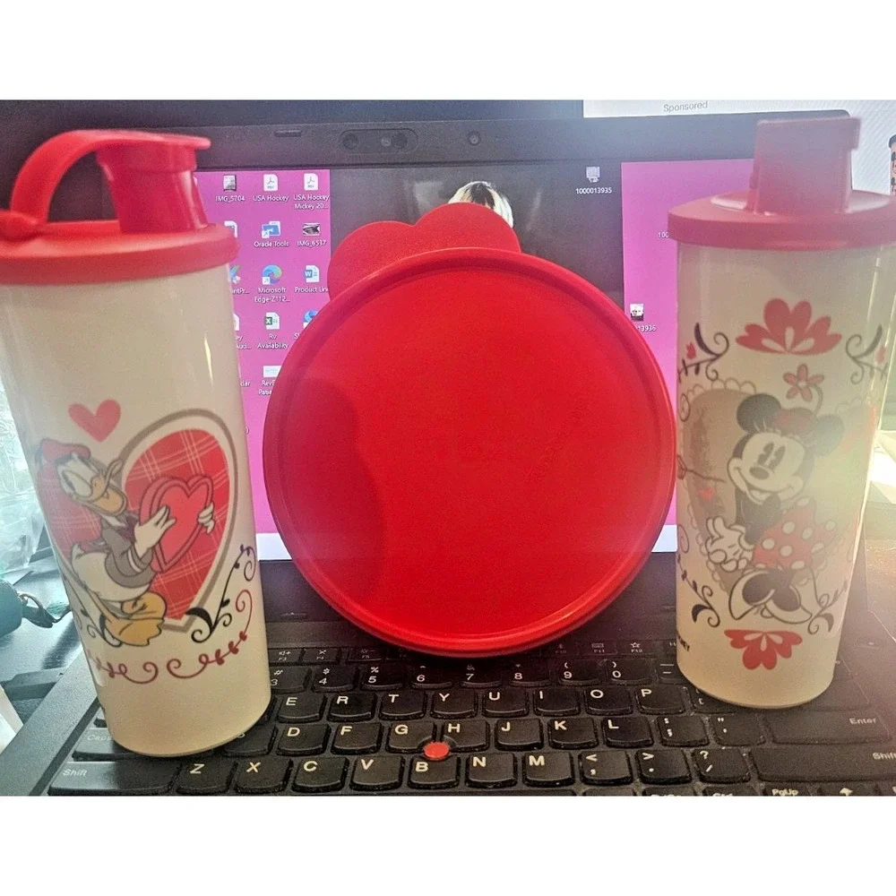 Tupperware Disney Flip Top 16 oz Tumblers Minnie and Donald‎ NEW With Bonus Bowl